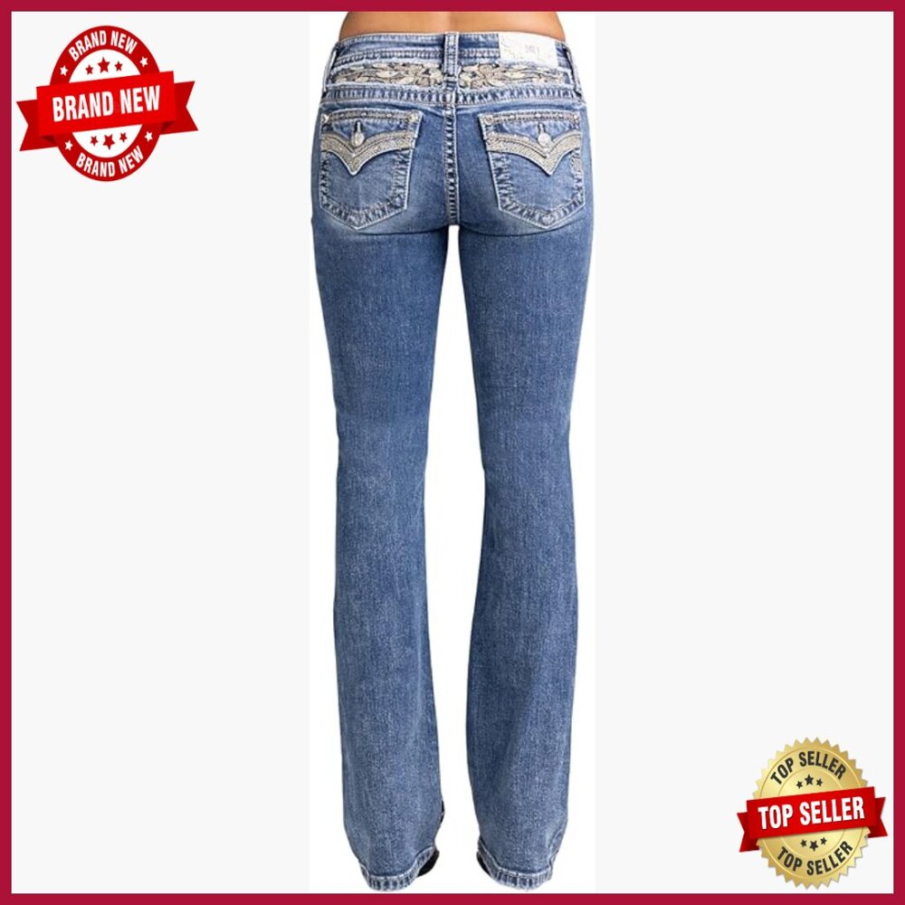 Mid Rise Bootcut Jeans With Embellished Pockets Stretch Denim 32 Inseam